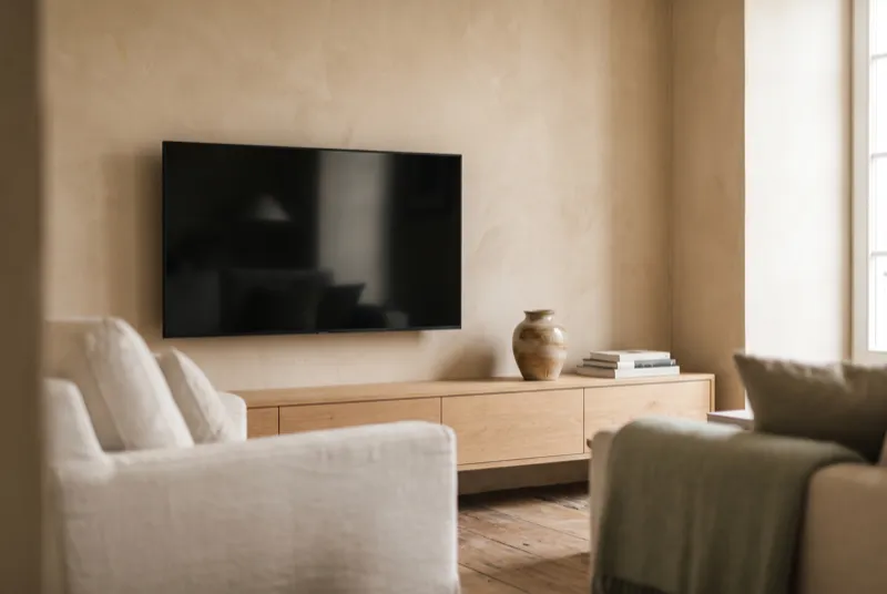 Parede de televisão equilibrada: TV ao nível dos olhos sobre móvel baixo de carvalho, com cerâmica e livros