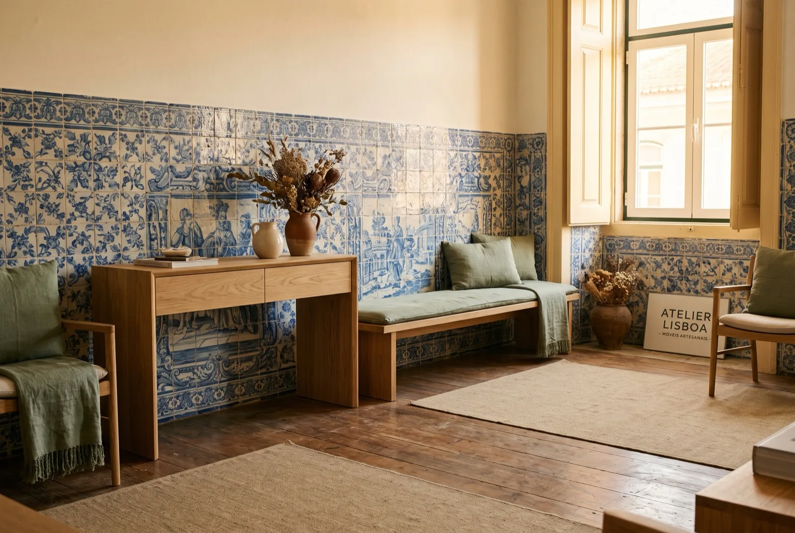 Cozinha ou sala portuguesa com azulejos antigos e mobiliário contemporâneo de carvalho em diálogo