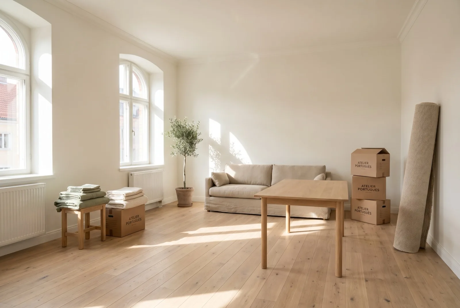 Apartamento luminoso a ser mobilado com intenção: sofá de linho novo, mesa de carvalho e tapete ainda enrolado junto à parede