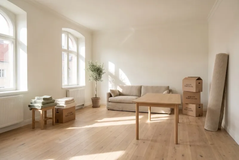 Apartamento luminoso a ser mobilado com intenção: sofá de linho novo, mesa de carvalho e tapete ainda enrolado junto à parede
