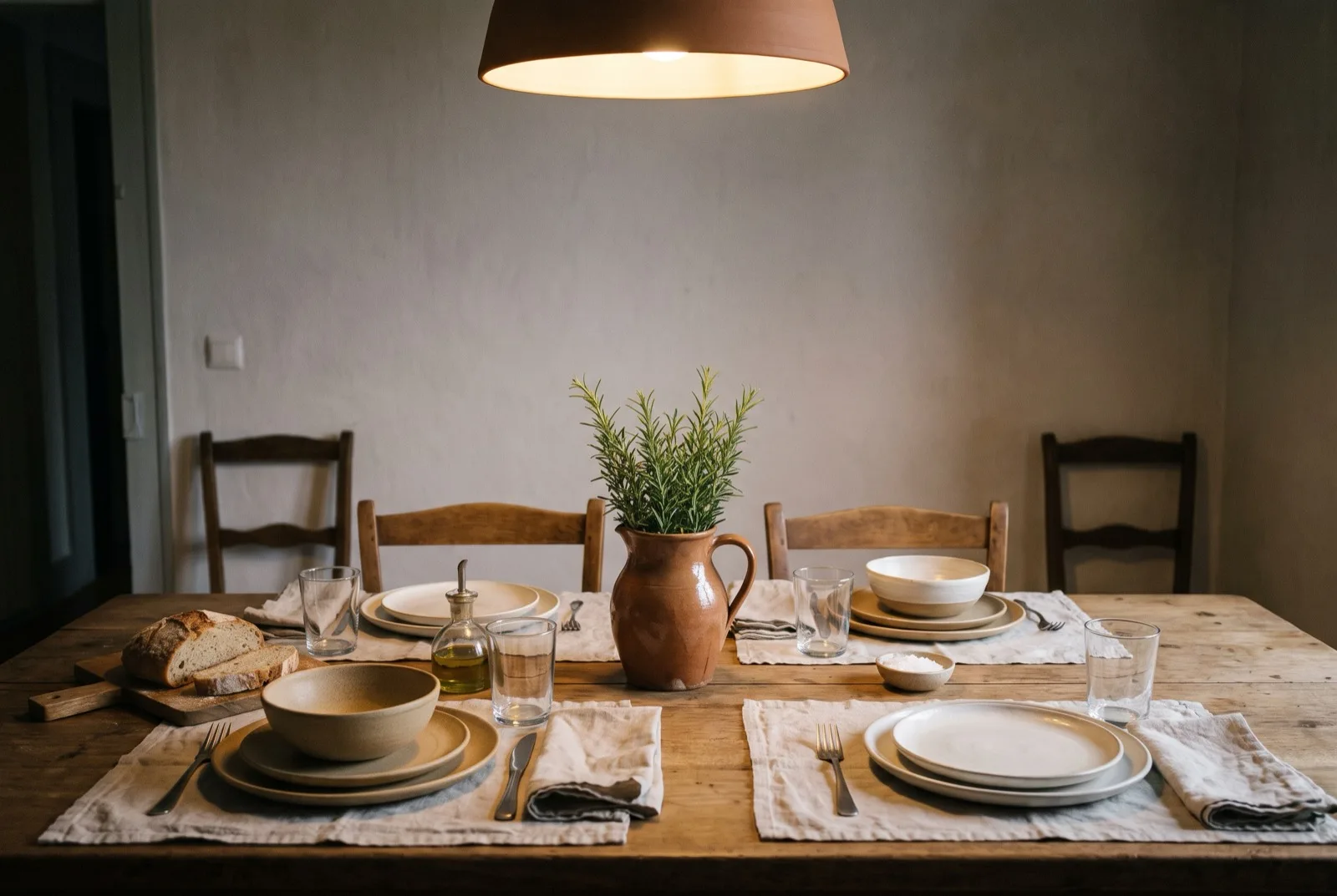 Mesa de jantar posta para o dia a dia: individuais de linho, cerâmica artesanal em tons de areia e um jarro com alecrim