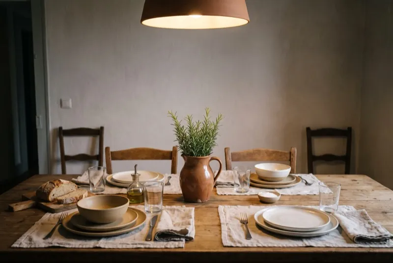 Mesa de jantar posta para o dia a dia: individuais de linho, cerâmica artesanal em tons de areia e um jarro com alecrim