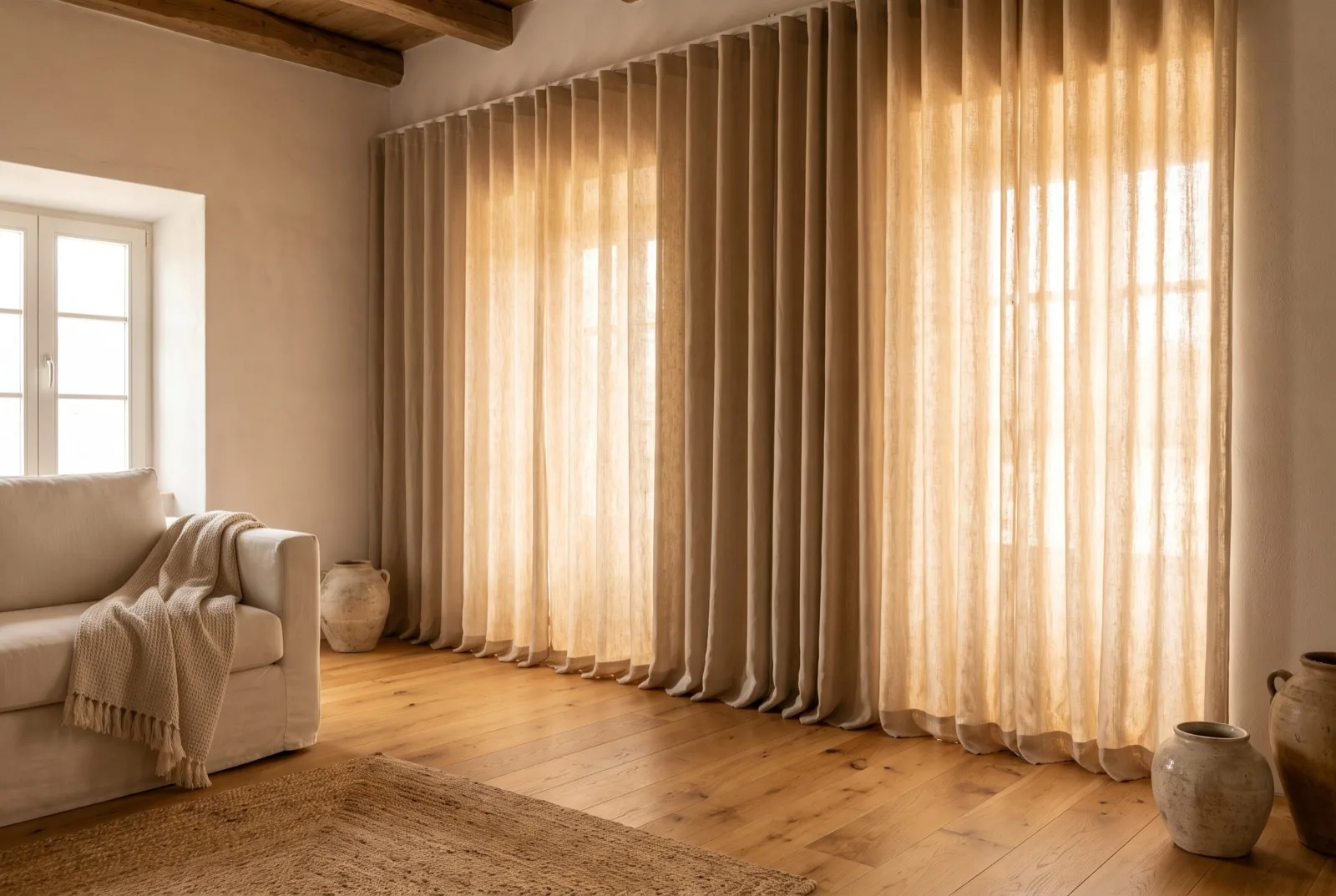 Cortinados de linho do teto ao chão a filtrar a luz numa sala serena
