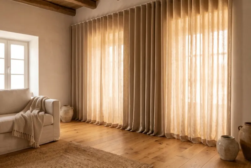 Cortinados de linho do teto ao chão a filtrar a luz numa sala serena
