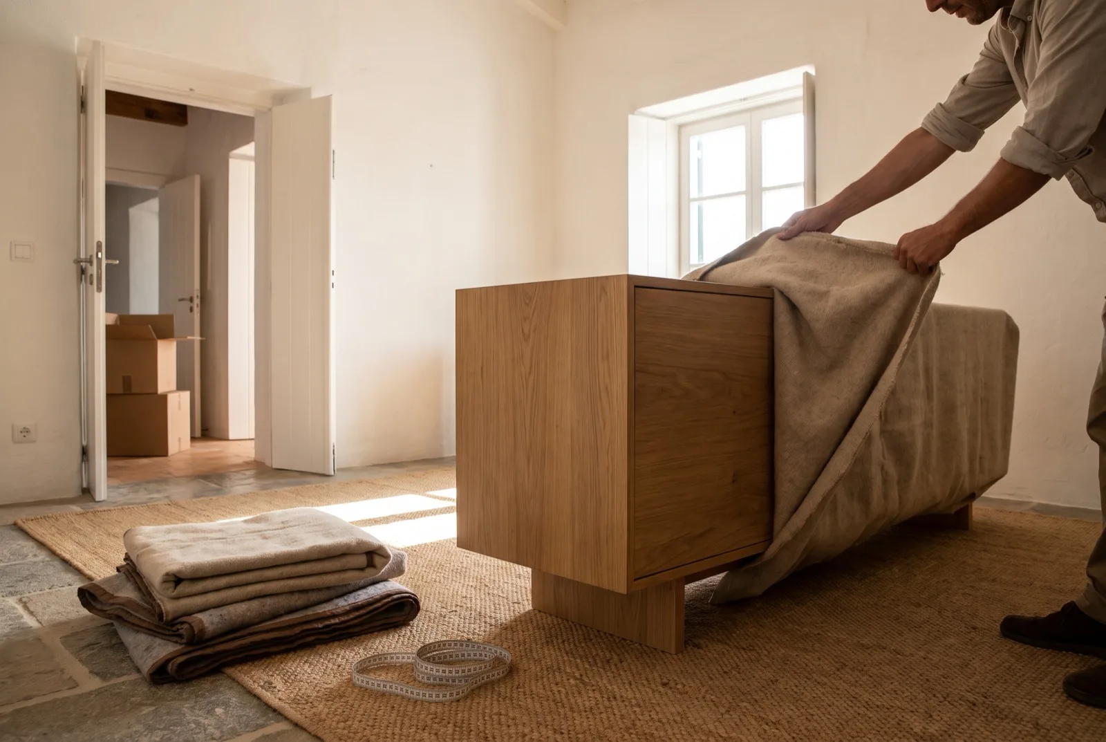 Peça de mobiliário embalada a ser desembalada na sala, com mantas de proteção e a sala pronta a recebê-la