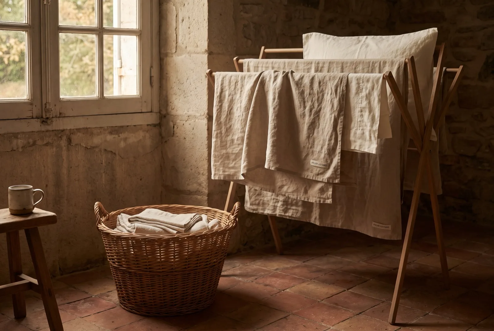 Roupa de cama de linho a secar à sombra num estendal interior, luz suave