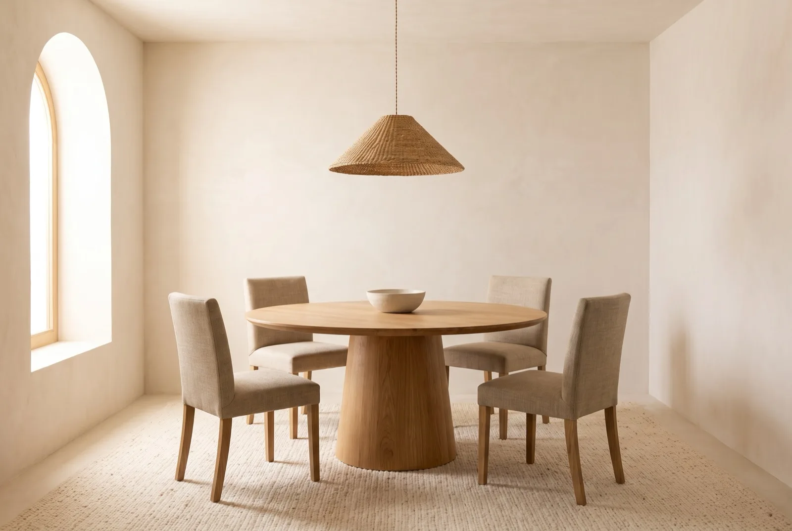 Mesa de jantar redonda em carvalho com pé central e quatro cadeiras, folga generosa de circulação à volta