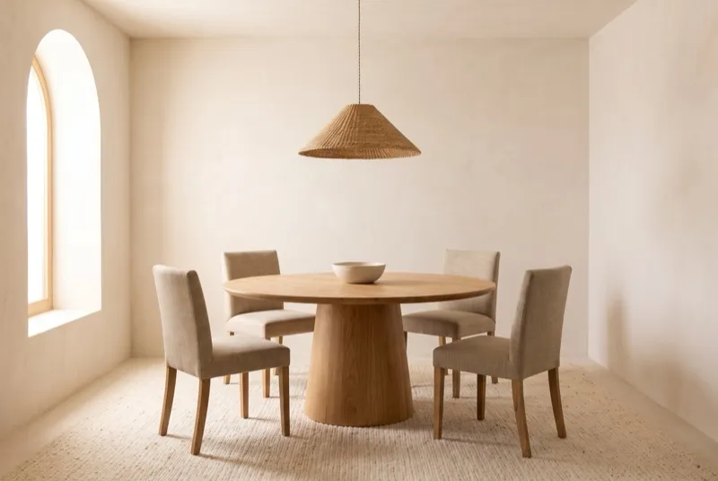 Mesa de jantar redonda em carvalho com pé central e quatro cadeiras, folga generosa de circulação à volta