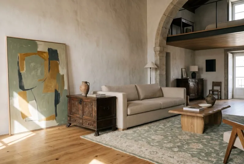 Sala que mistura dois estilos com intenção: sofá contemporâneo e cómoda antiga unidos pela madeira