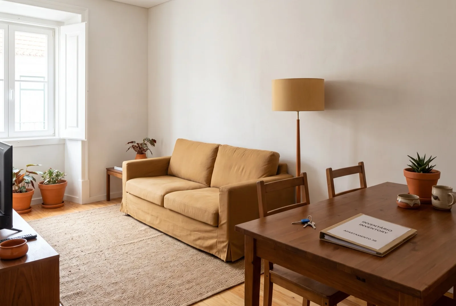 Sala de T1 para arrendamento mobilada com contenção inteligente: sofá robusto, mesa estável e luz quente