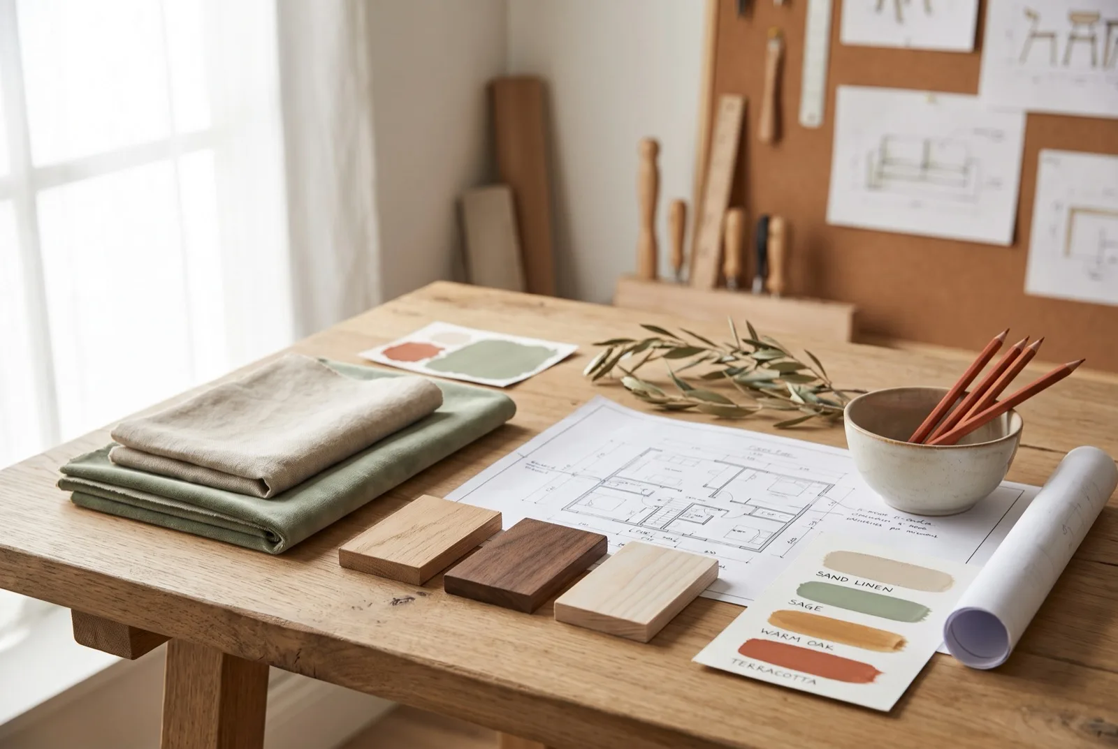 Moodboard de projeto de interiores: amostras de tecido e madeira, planta e paleta sobre mesa