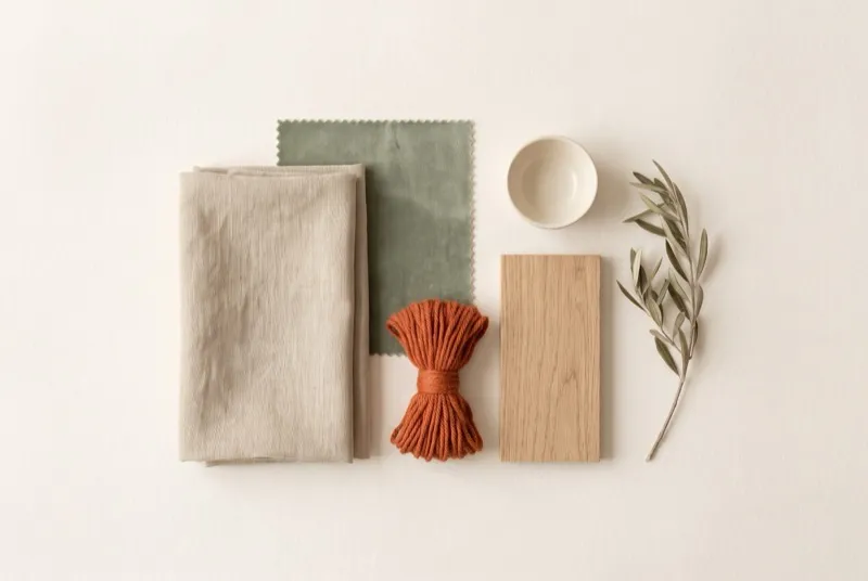 Paleta de materiais em flatlay: tecidos, madeira e cerâmica em tons areia, sálvia e terracota