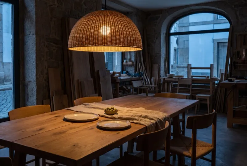 Candeeiro pendente aceso a 80 cm sobre mesa de jantar em carvalho, luz quente sobre a mesa posta ao anoitecer