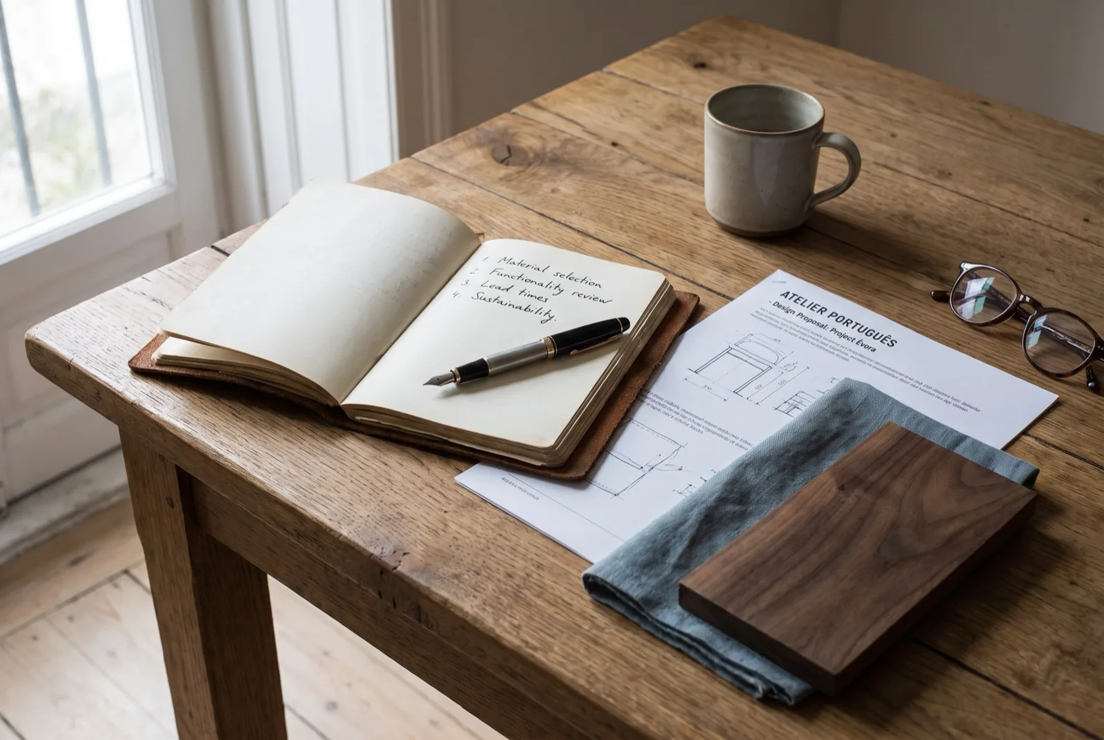 Caderno com lista de perguntas manuscritas ao lado de uma proposta de projeto e amostras sobre a mesa