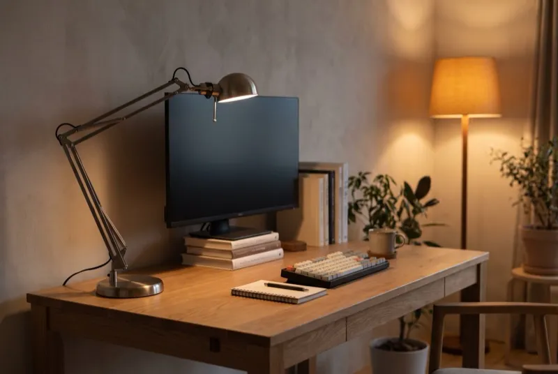 Posto de trabalho com candeeiro articulado aceso sobre o teclado e luz ambiente quente atrás