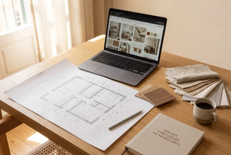 Mesa de trabalho com planta desenhada à mão, portátil com moodboard e amostras de tecido — projeto de interiores à distância