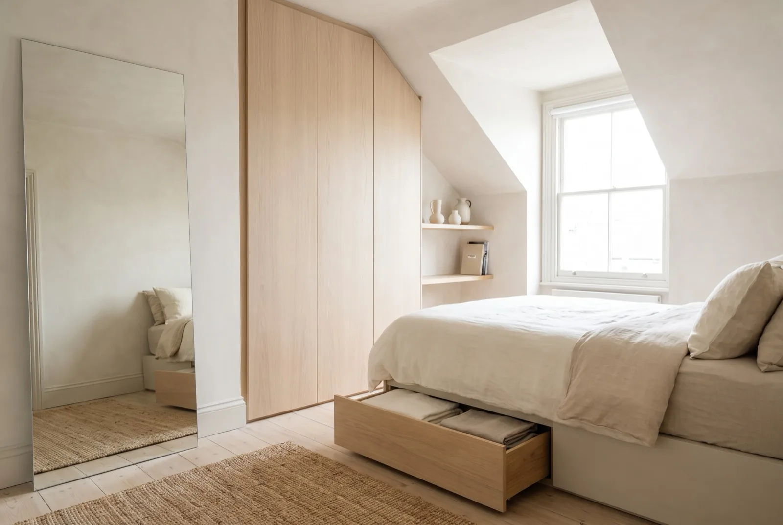 Quarto pequeno com roupeiro até ao teto e superfícies livres, luz natural suave
