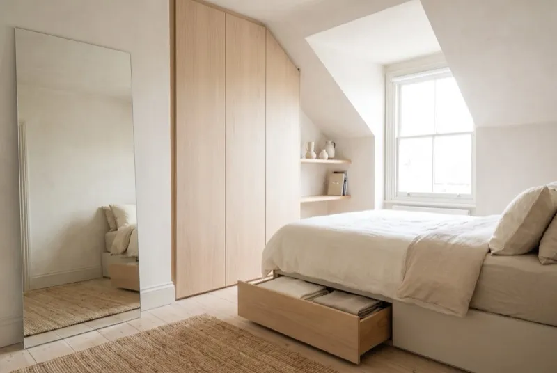 Quarto pequeno com roupeiro até ao teto e superfícies livres, luz natural suave