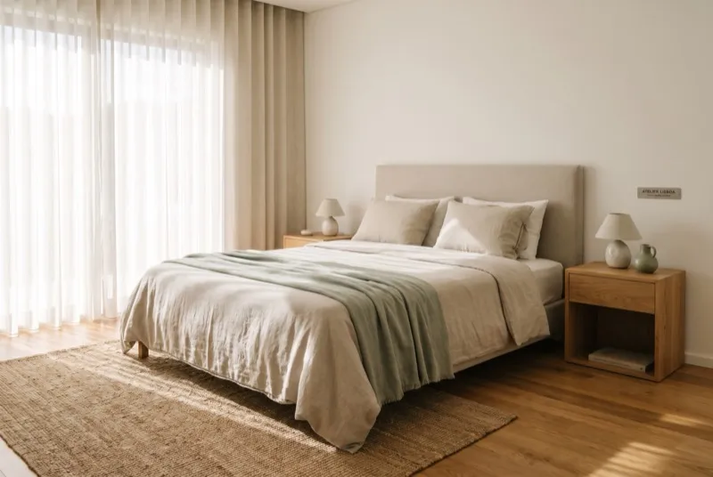 Quarto sereno com cama de roupa de linho em tom areia e mesinhas de carvalho à altura do colchão