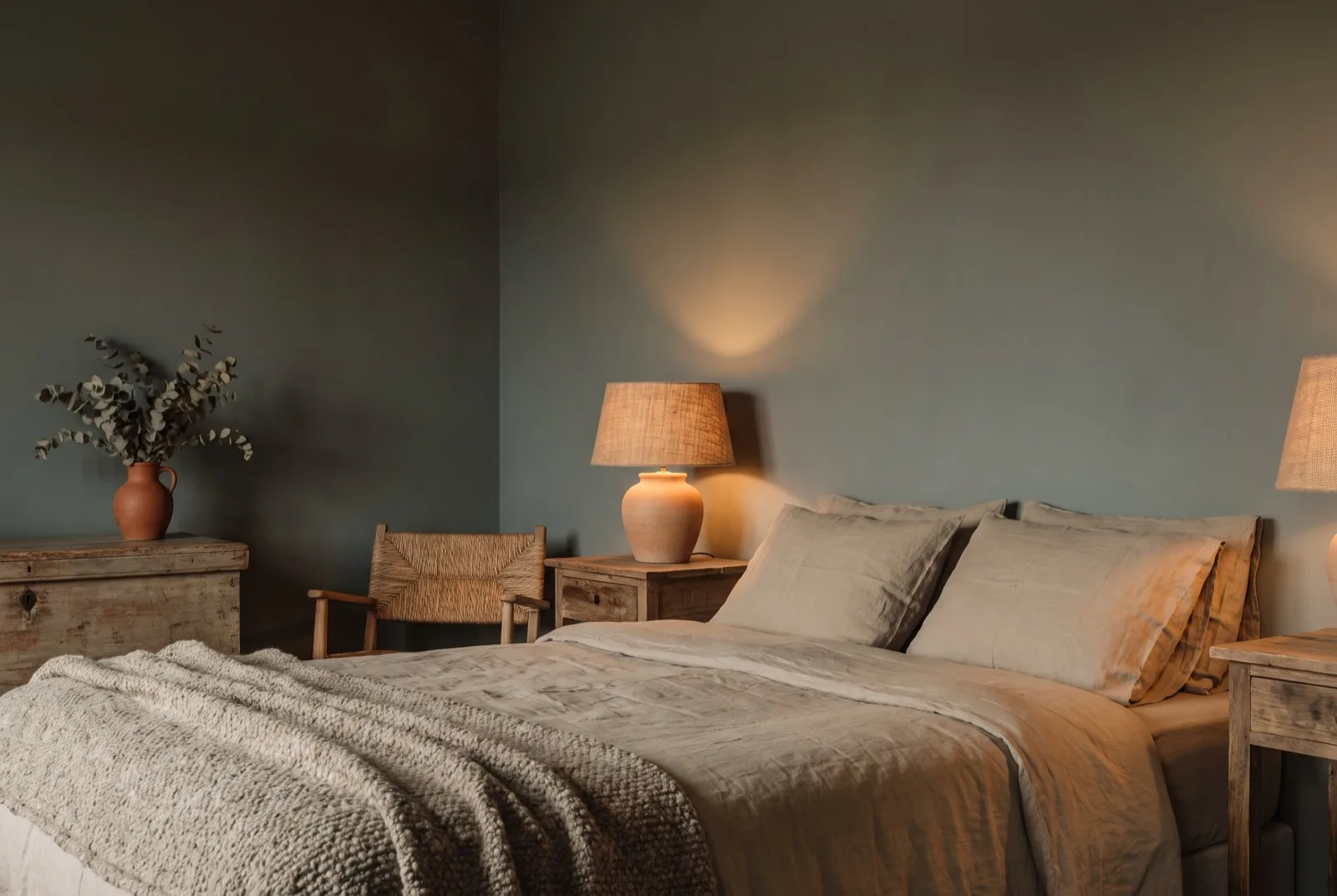 Quarto em tons quentes e profundos: parede verde-acinzentada, roupa de cama areia e manta de lã