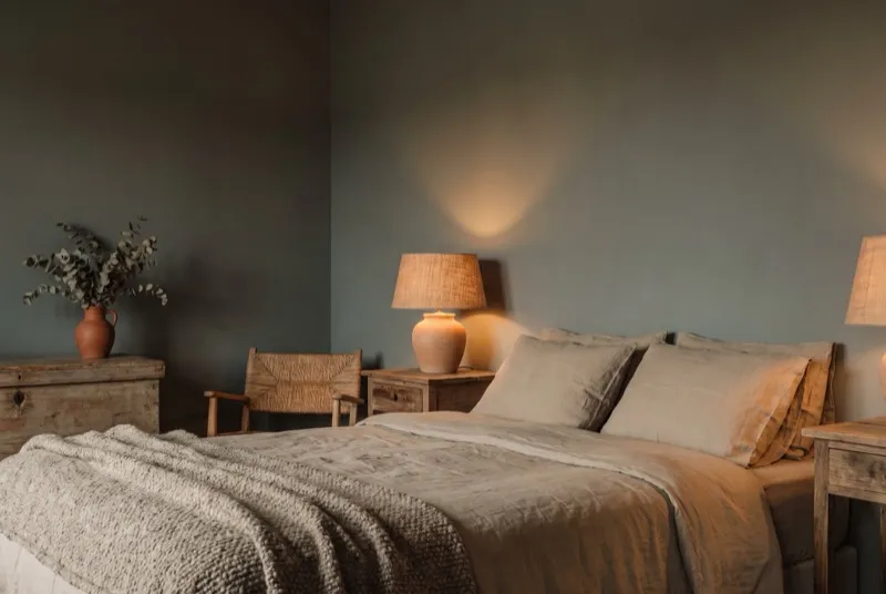 Quarto em tons quentes e profundos: parede verde-acinzentada, roupa de cama areia e manta de lã
