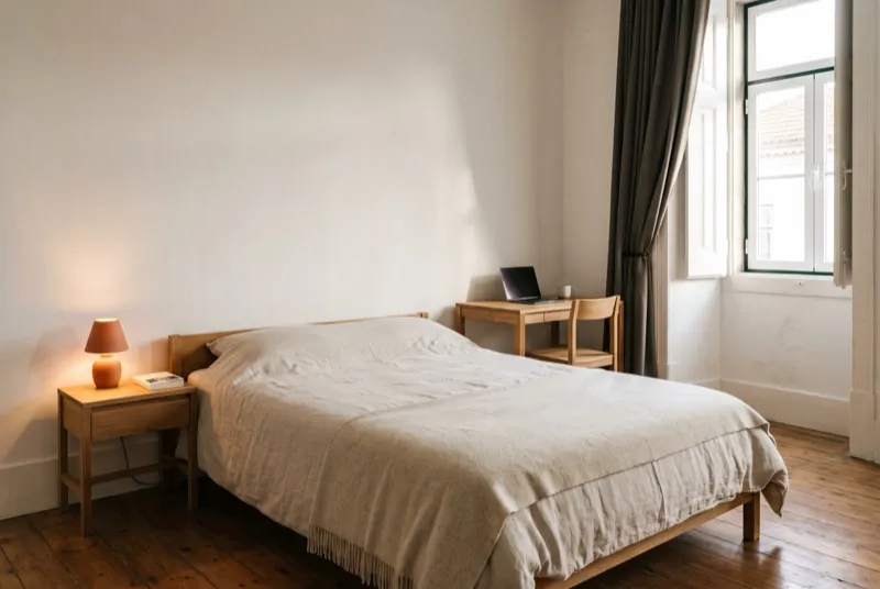 Quarto de visitas simples e digno: cama de 140 feita com roupa clara, mesinha com candeeiro e luz de manhã