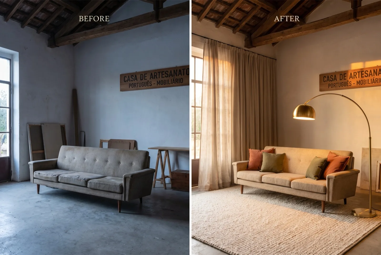 Sala renovada com três jogadas: tapete novo de lã, candeeiro de pé aceso e cortinados até ao chão