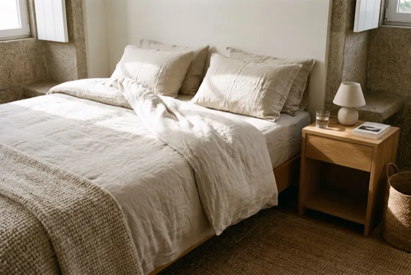 Cama feita com roupa de linho em tom natural amarrotado, luz de manhã e manta pousada aos pés