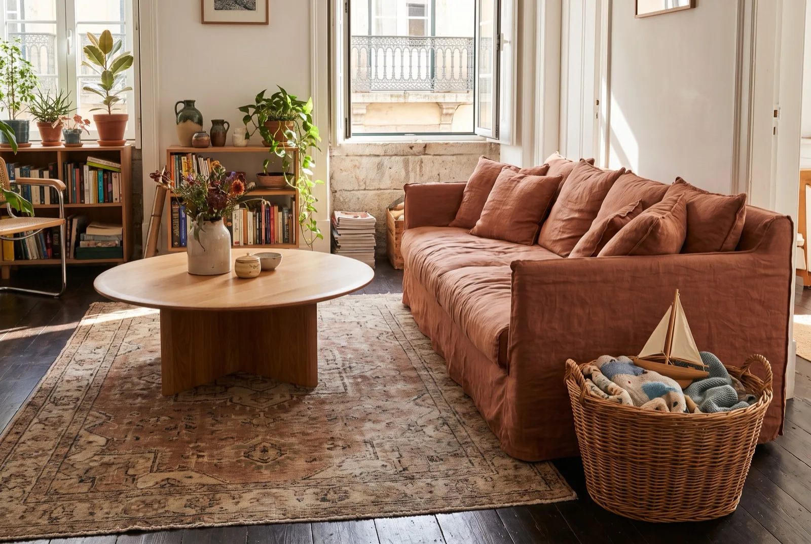Sala familiar bonita e prática: sofá de capas laváveis, mesa de centro redonda e cesto de brinquedos em vime