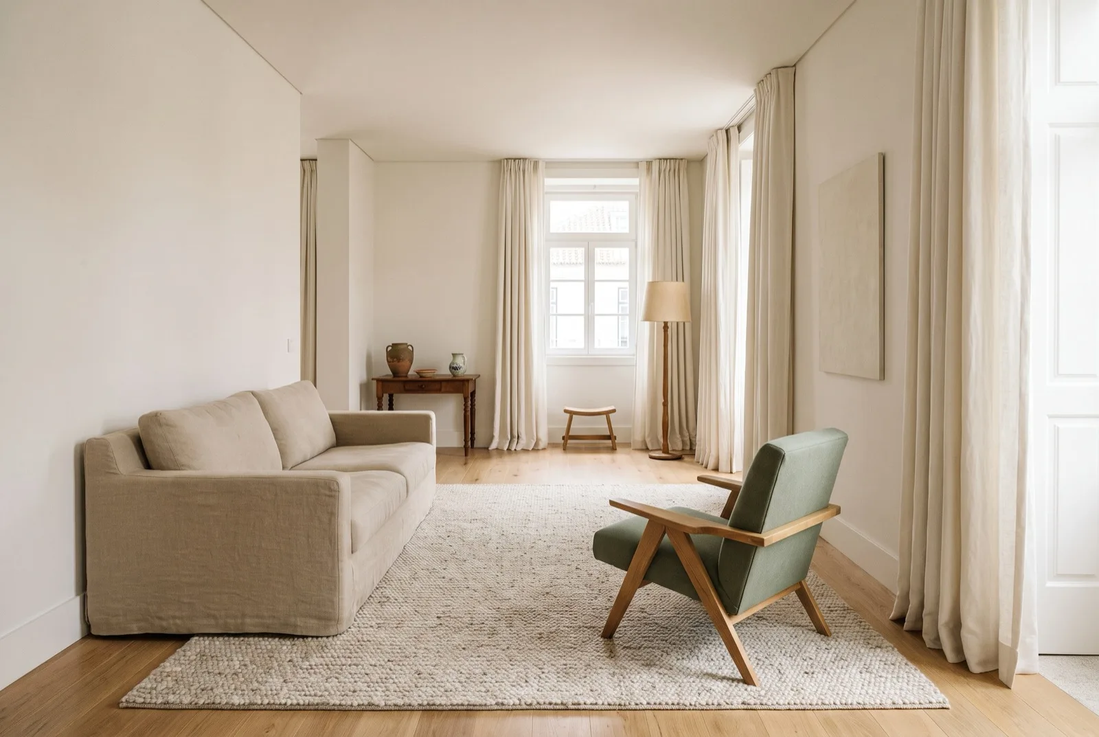 Sala retangular comprida zonada em duas paragens: estar com tapete e leitura ao fundo