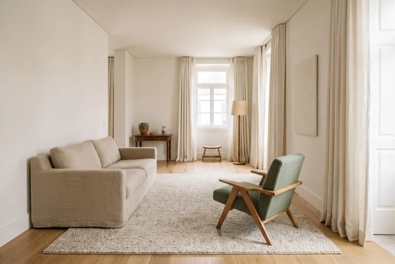 Sala retangular comprida zonada em duas paragens: estar com tapete e leitura ao fundo