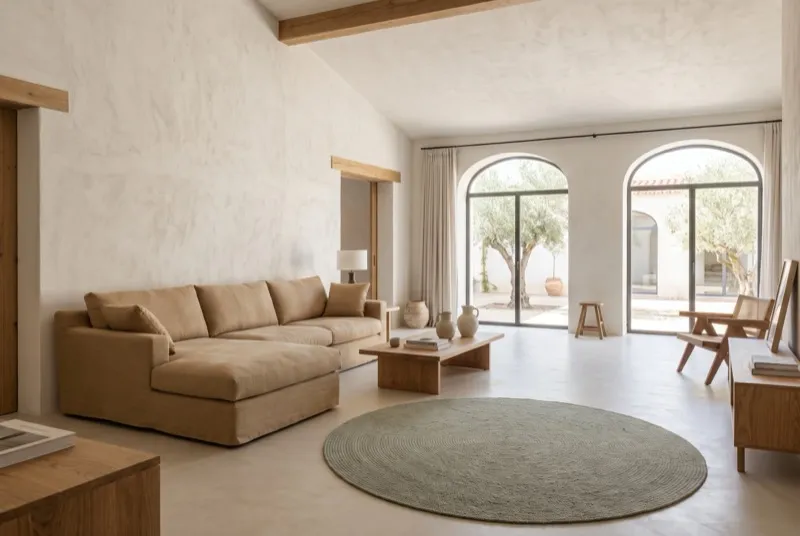 Sofá com chaise longue em linho areia numa sala equilibrada, com circulação livre à volta
