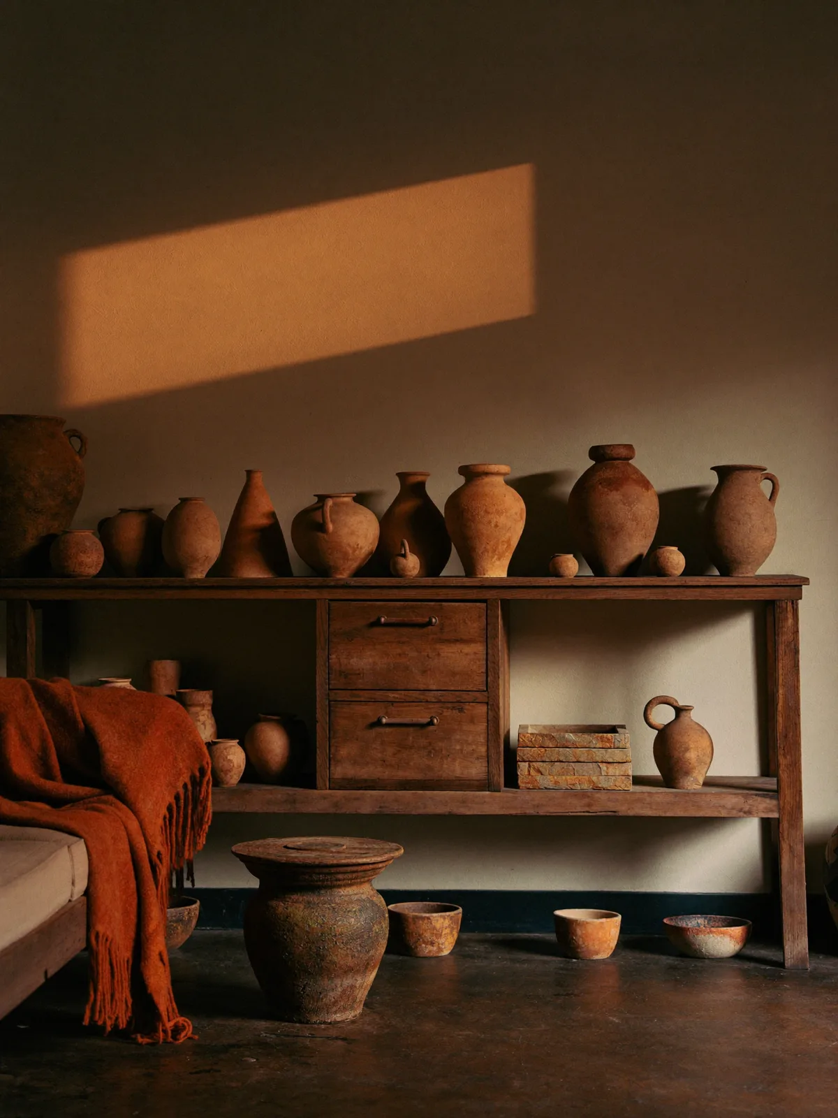 Ambiente em estilo terra: aparador de madeira rústica com cerâmica artesanal em tons de terracota e cacau, luz quente de fim de tarde