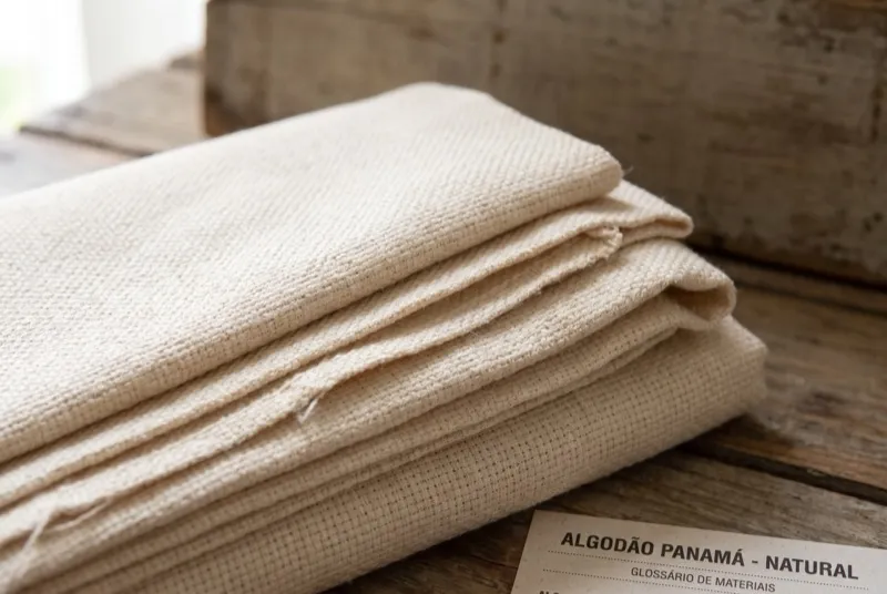 Tecido de algodão em ponto panamá, tom cru, dobrado em camadas à luz natural