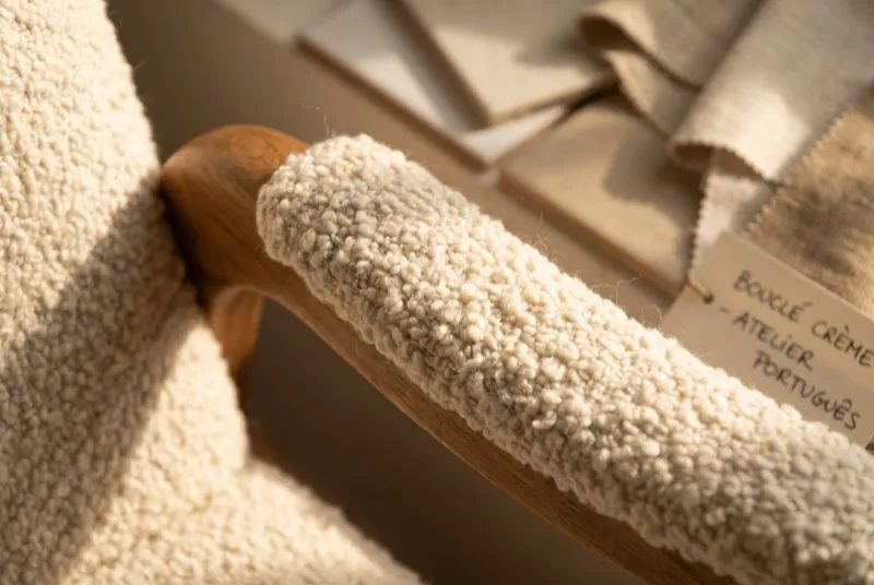 Textura de bouclé cru em grande plano, laçadas de fio visíveis sobre o braço de uma poltrona