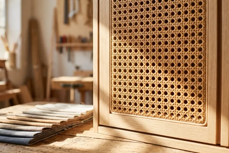 Malha de rattan entrançado em grande plano numa porta de armário, padrão vienense à luz quente