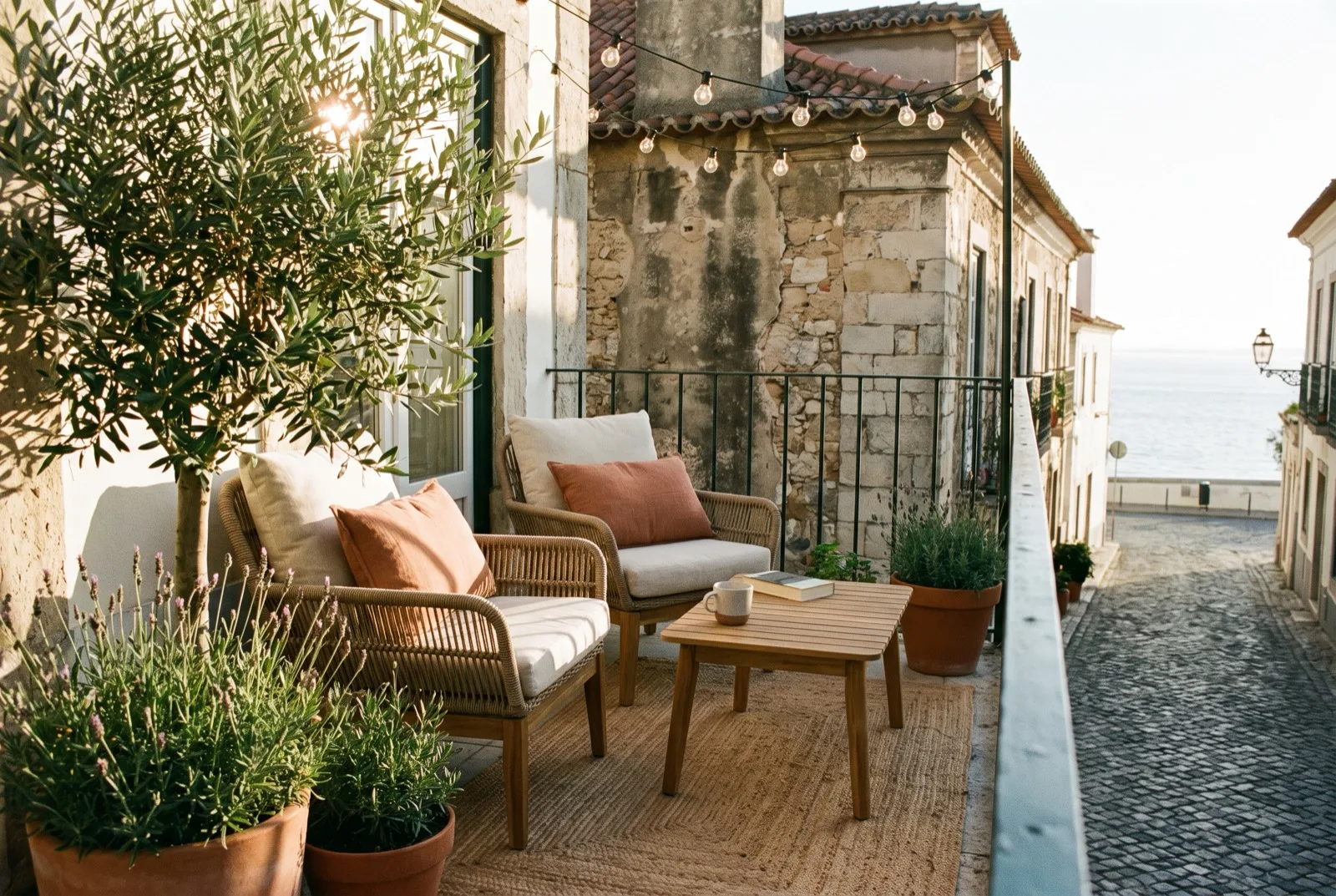 Varanda pequena que apetece usar: duas cadeiras de exterior, mesa baixa, plantas e têxteis ao sol de fim de tarde