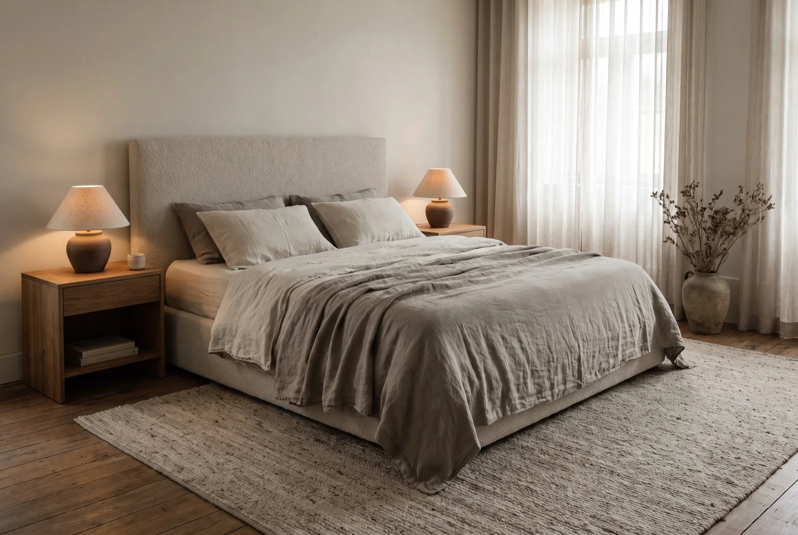 Quarto que descansa: cama em roupa de linho, mesinhas equilibradas e luz baixa e quente dos dois lados