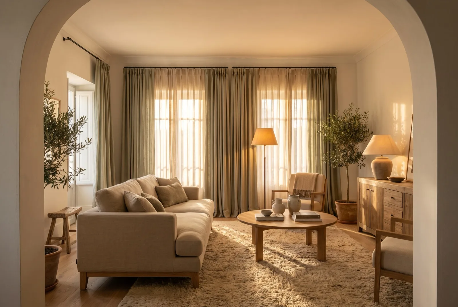 Sala de estar completa e serena: sofá de linho, tapete de lã a ancorar a zona, luz em camadas ao fim da tarde
