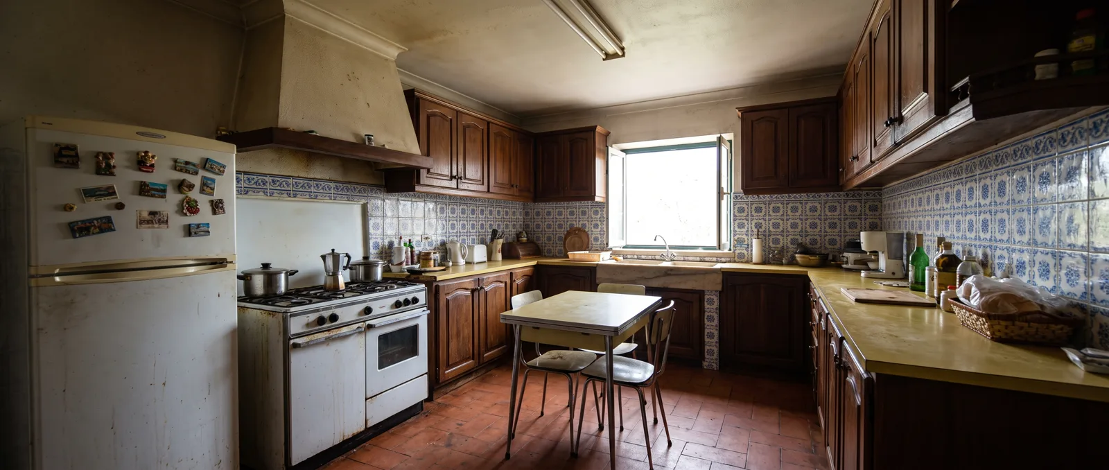 Cozinha portuguesa antiga com armários escuros e azulejo desbotado