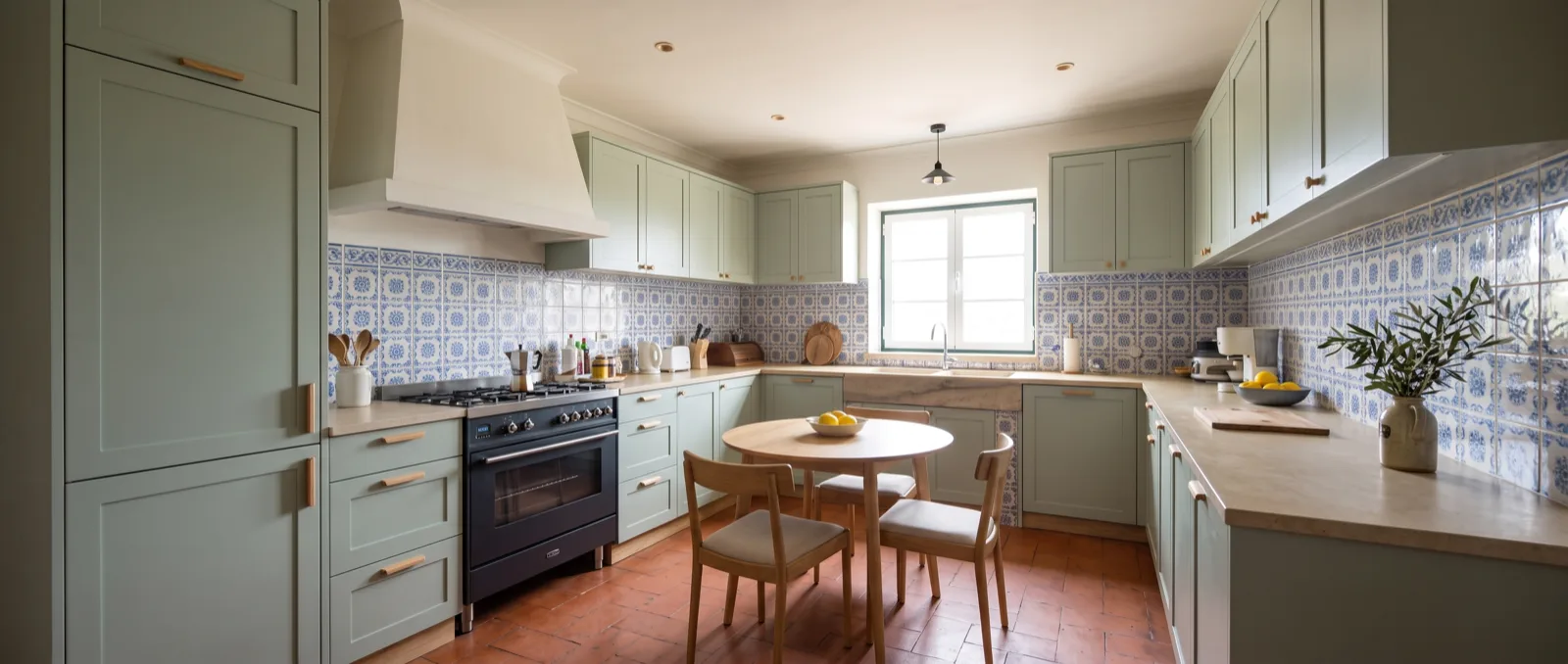 A mesma cozinha renovada em verde-sálvia, com o azulejo restaurado