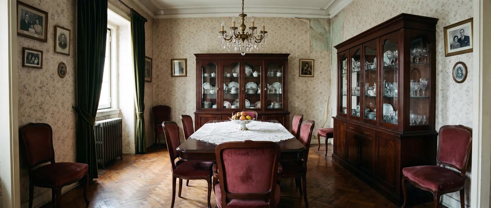 Sala de jantar antiga com louceiros escuros e cadeiras de veludo