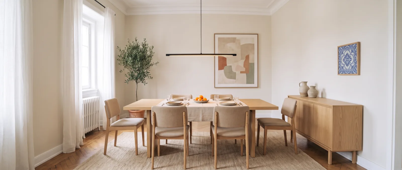 A mesma sala de jantar com mesa de carvalho, cadeiras de linho e pendente
