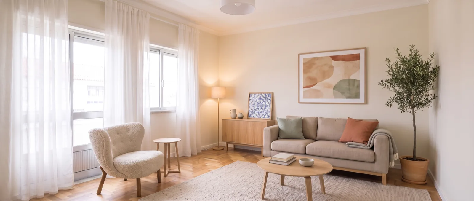 A mesma sala renovada e composta com mobiliário Lume